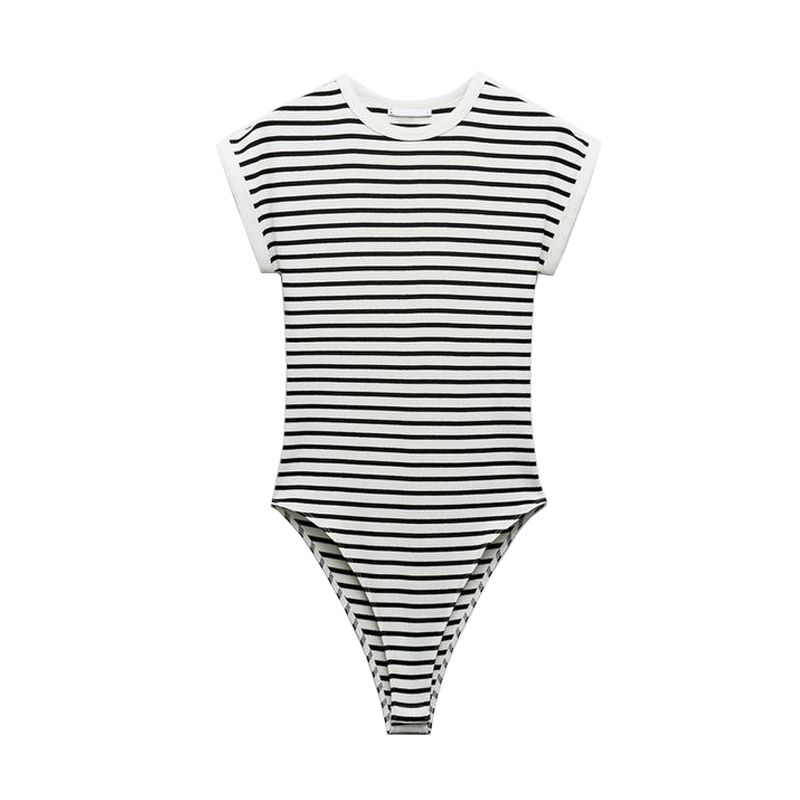 

Spring New Women s Clothing Fashion Wind Silm Stretch Figure Flattering round-Neck Short Sleeve Rib Jumpsuit 4174159 Stripes S