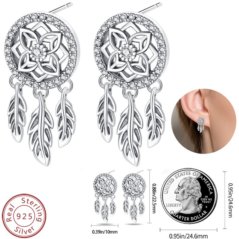 Real 925 Silver Palm Devil's Eye Feather Dream Catcher Design Luxury Earrings Fit For Engagement Fine Jewelry Gifts