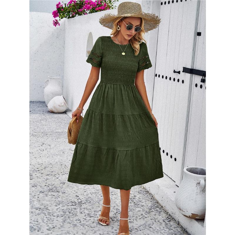 Women's Spring and Summer Temperament Solid Color Short-sleeved Hollowed Out Dresses