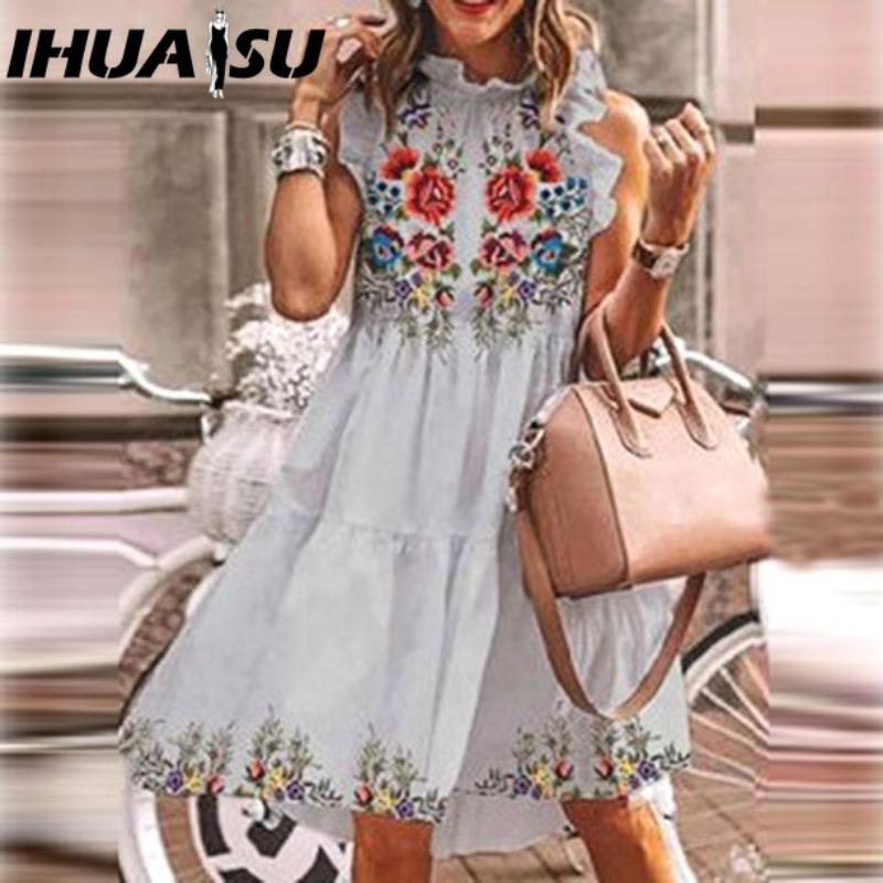 IHUASU Women Floral Print Dress Loose Streetwear Knee Length Sleeveless Ruffle Party Dress S-3XL