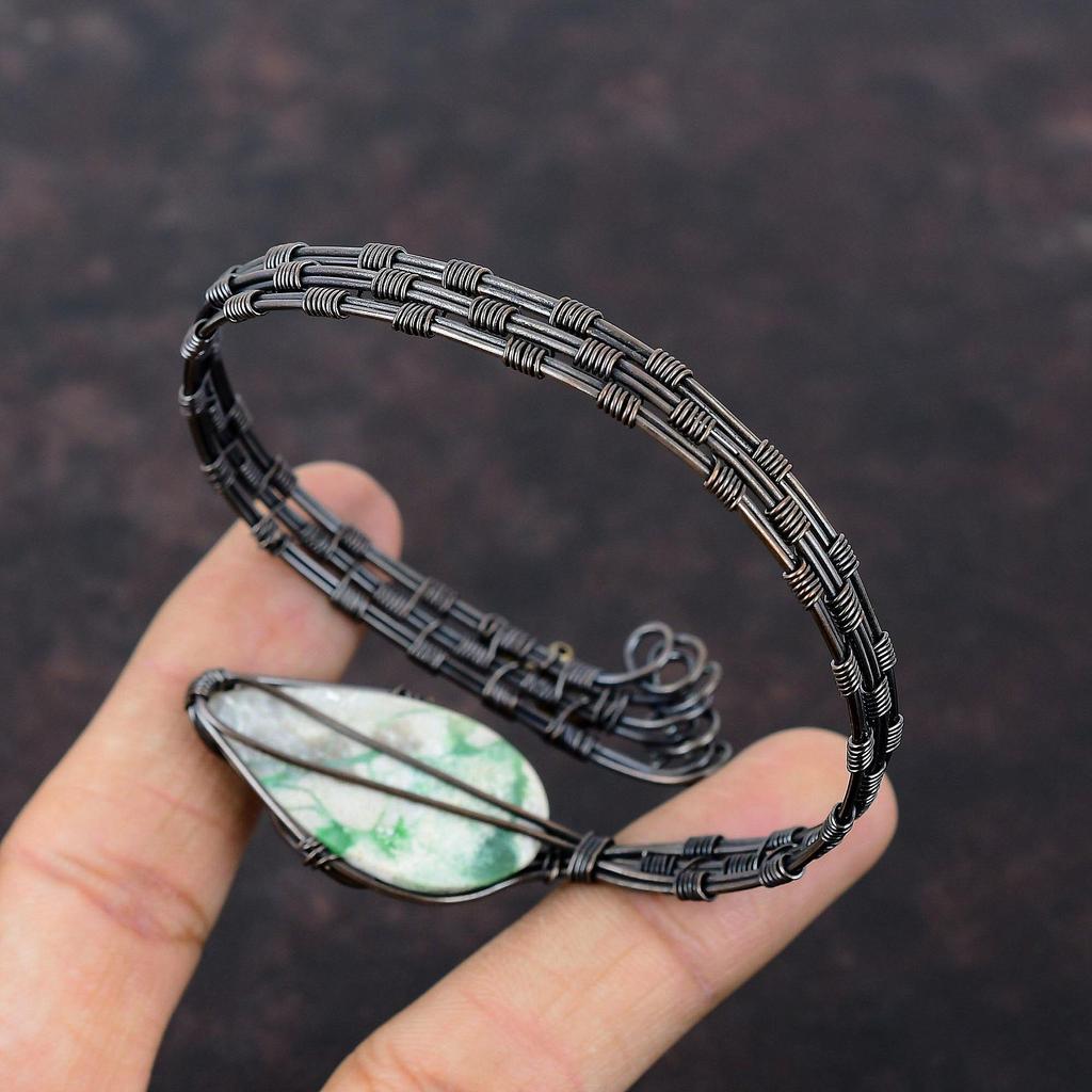 Variscite Bangle Copper Wire Wrapped Gemstone Cuff Bracelet Handmade Variscite Jewelry For Gift Adjustable Bangle Copper Wire Wrap Jewelry