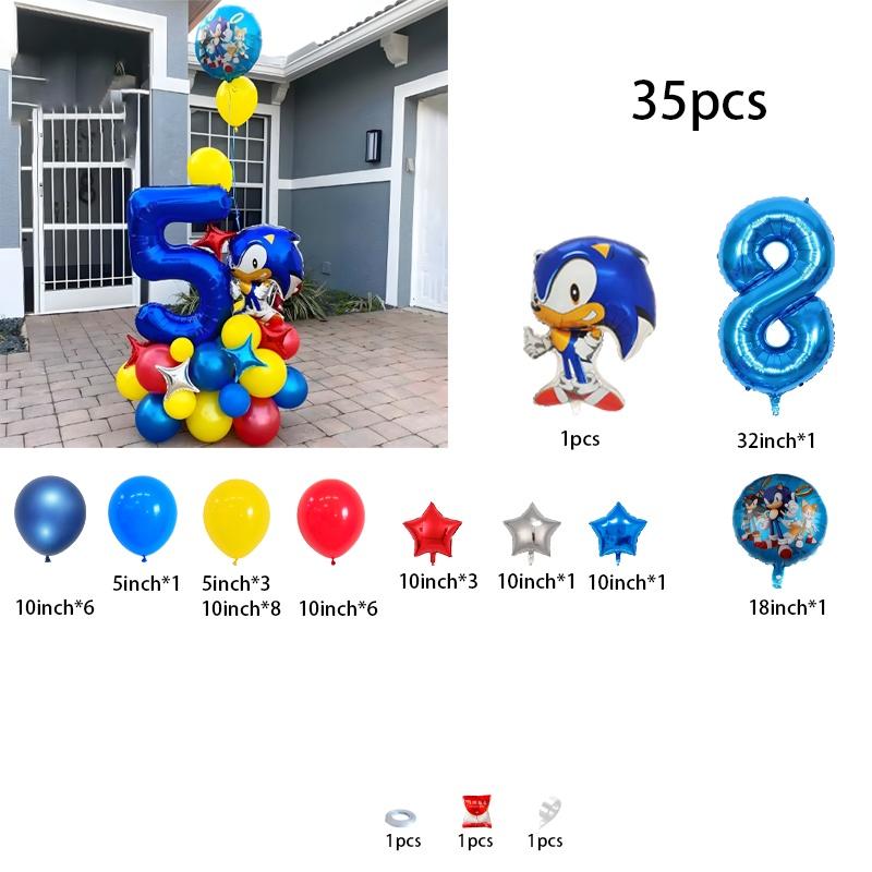 35-Piece Sonic the Hedgehog Cartoon Character Boys’ Balloon Kit – Number Combo Foil Balloons for Birthday Party, Baby Gift