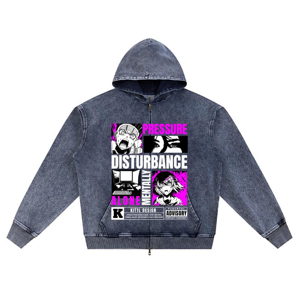 

DTG print Knitted Denim Zip-Up Hoodie Pressure Disturbance Mentality Brother Print Zipper Hoodies XL темно-синий