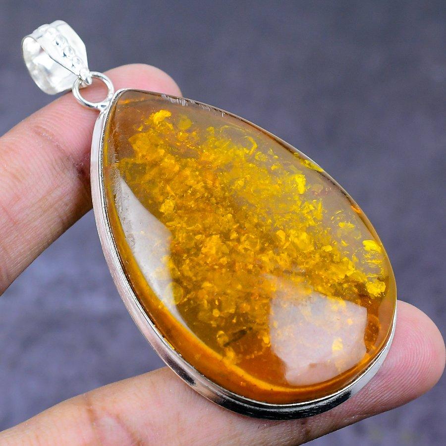 Natural Amber Gemstone Handmade 925 Sterling Silver Jewelry Pendant 2.88" ETC-14361