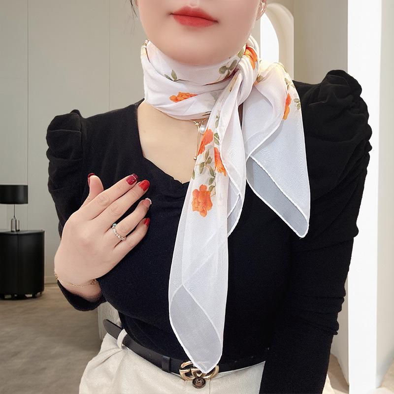 Grote 95cm Vierkante Koreaanse Zijde Chiffon Sjaal voor Dames - Bedrukte Nek- of Hoofddoek