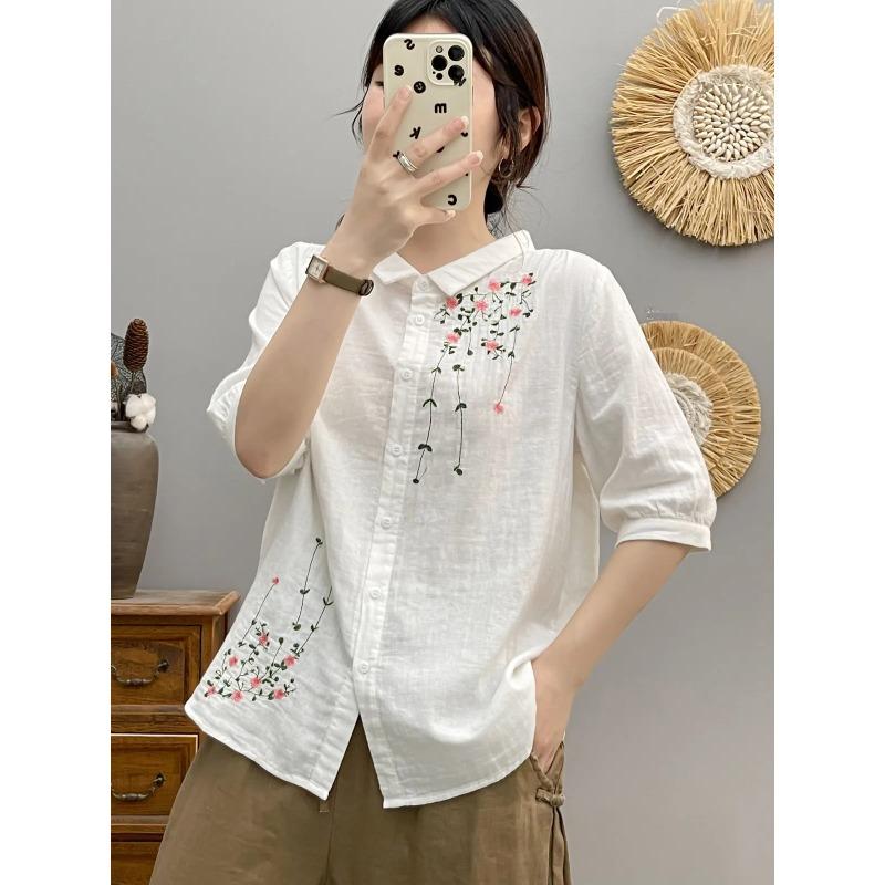 Summer Yarn Half Sleeve Shirts Lapel Embroidery Commute Girl Casual Sweet Loose OL Blouse Autumn