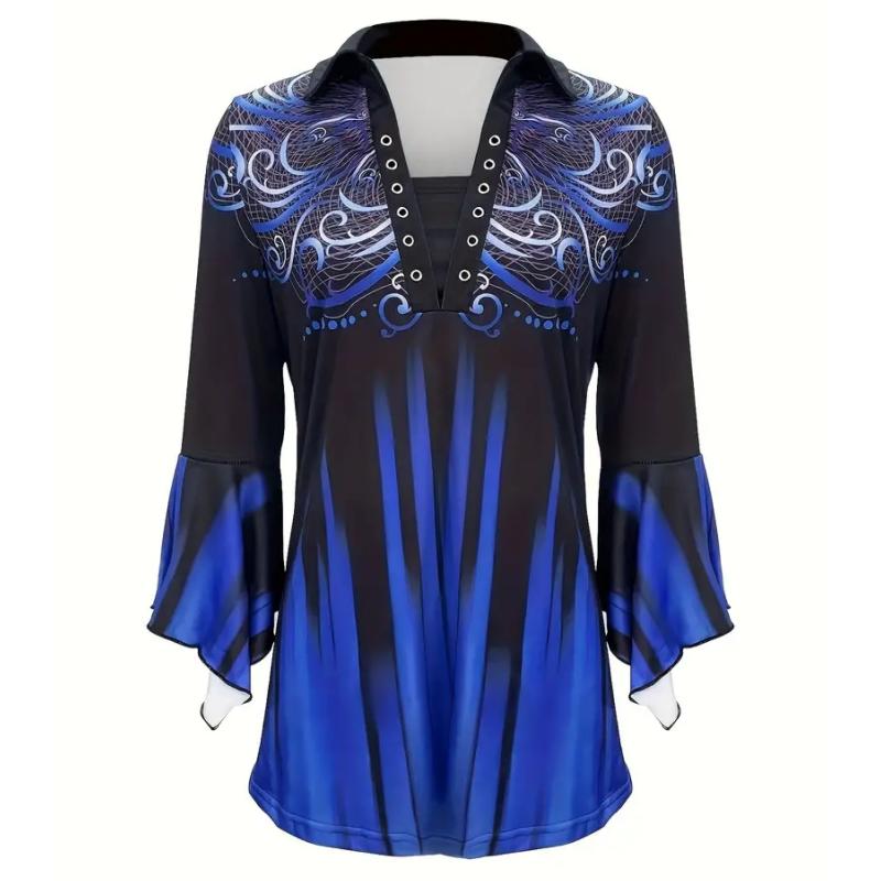 

Футболка с цветочным принтом и воротником, повседневный топ с рукавом три четверти для весны и осени, женская одежда L синий