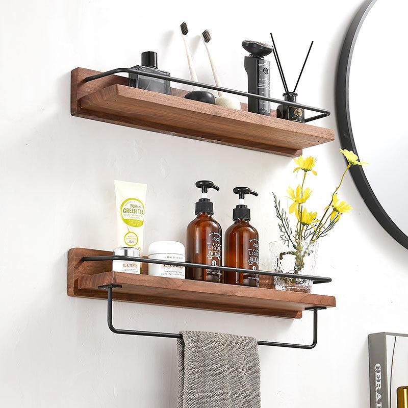 Solid Wood Bathroom Shower Stand Wall Mounted Dresser Storage Rack Black Towel Rack Shelf Bathroom Shelf Bath Shampoo Holder