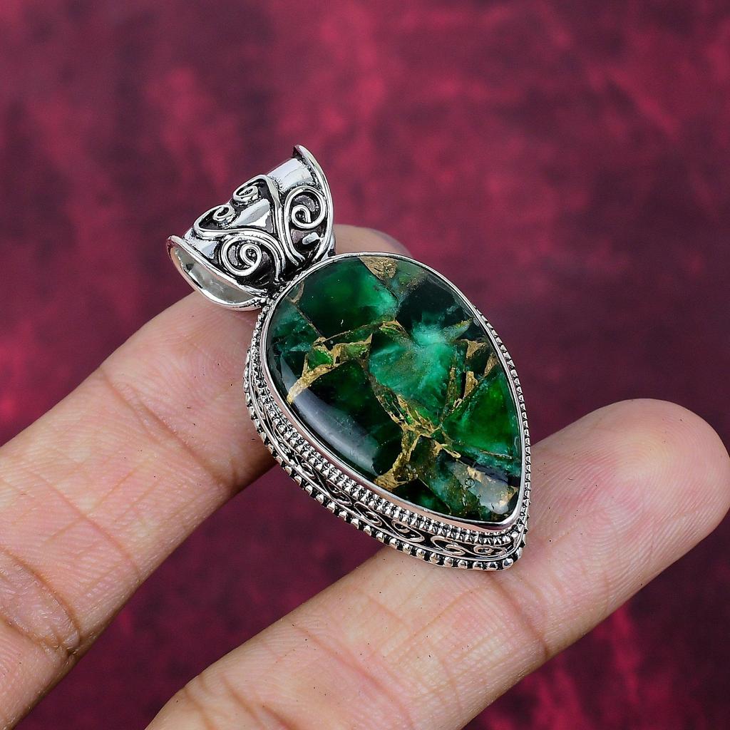 Green Copper Turquoise Handmade Gemstone Pendant, 925 Solid Sterling Silver Pendant Birthstone Jewelry, Love Forever Gift