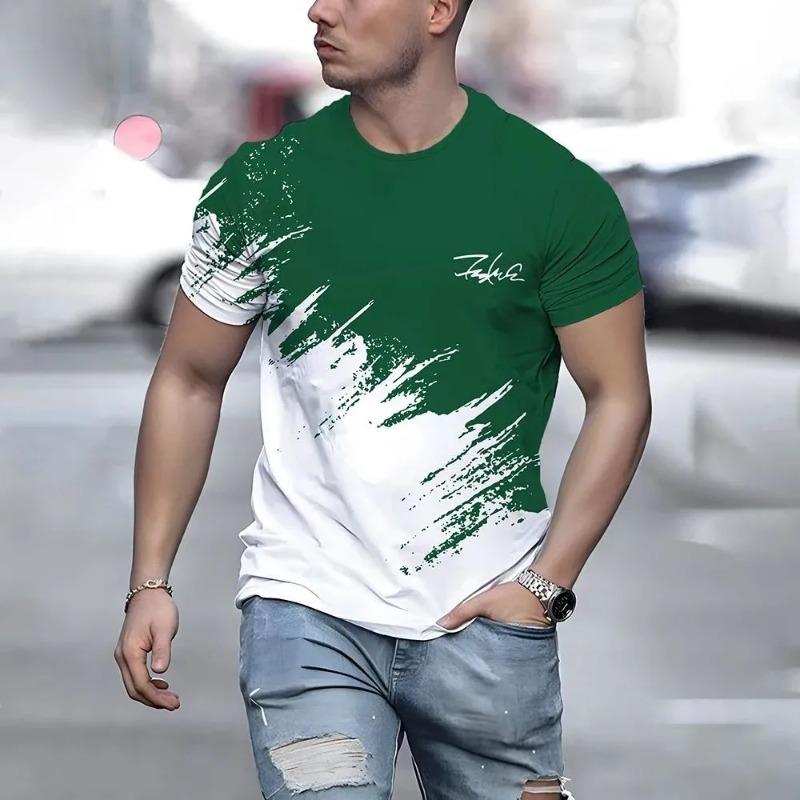 New men's T-shirt casual round neck breathable top fashionable color contrast printed men's T-shirt fun 3D T-shirt street fashio