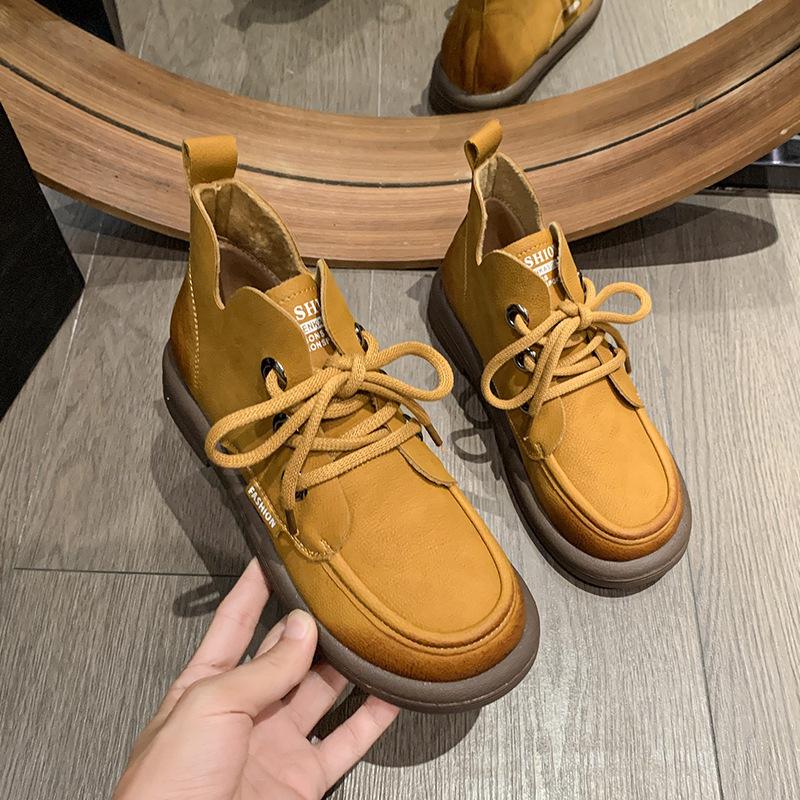 Retro Martin boots autumn and winter new British style polished round head short boots lace-up low-heeled casual boots
