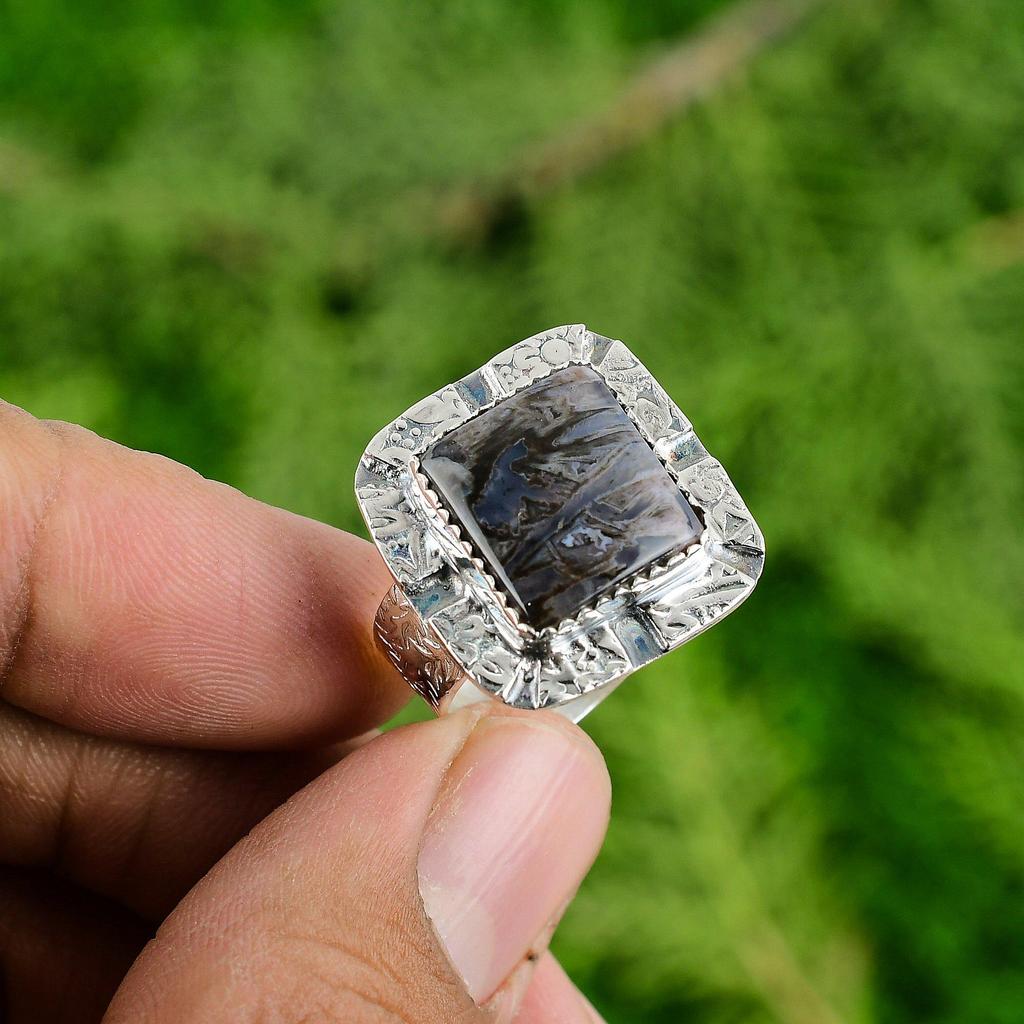 Stick Agate Stone Wife Engagement Unique Promise Bezel Statement Ring 925 Silver