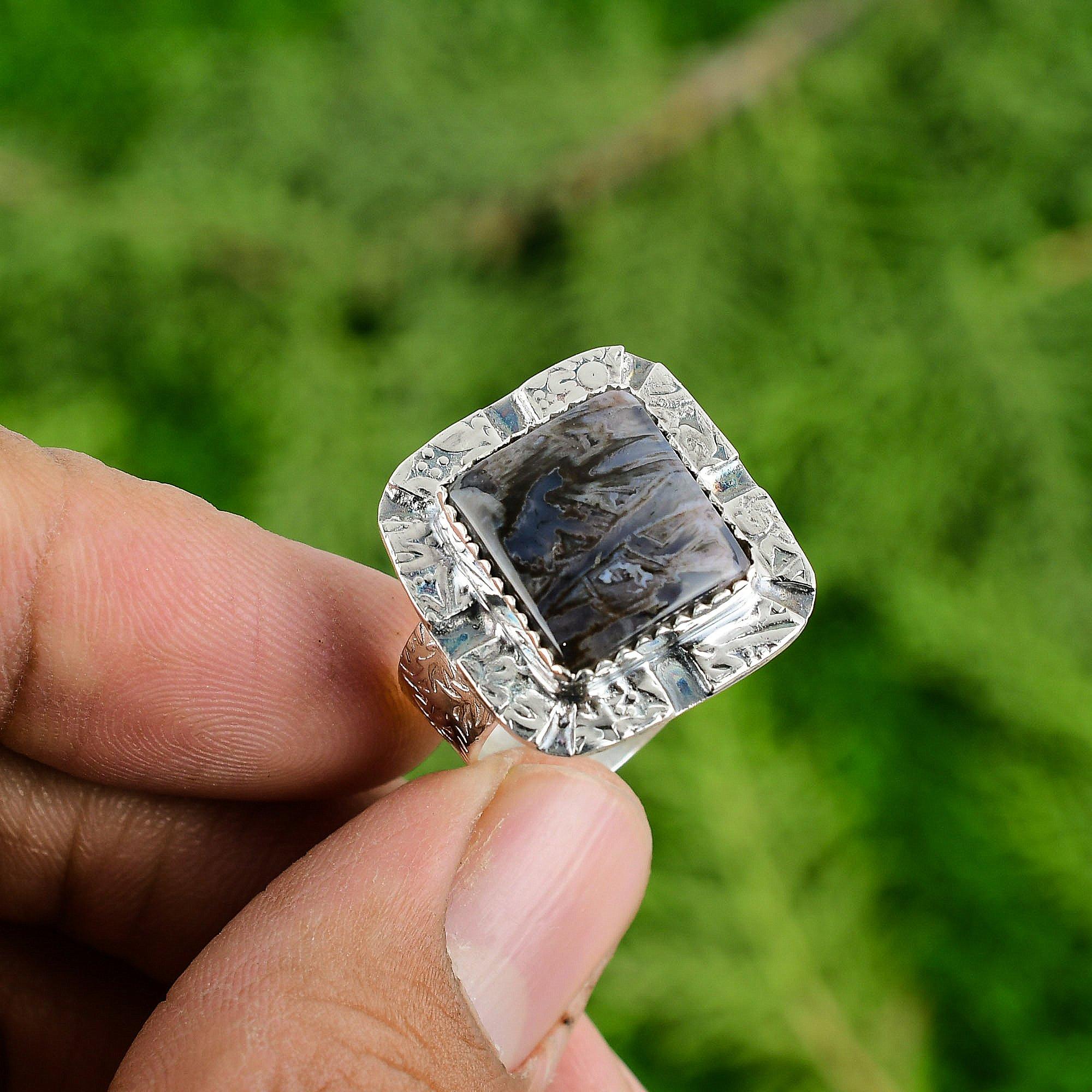 

Stick Agate Stone Wife Engagement Unique Promise Bezel Statement Ring 925 Silver Adjustable