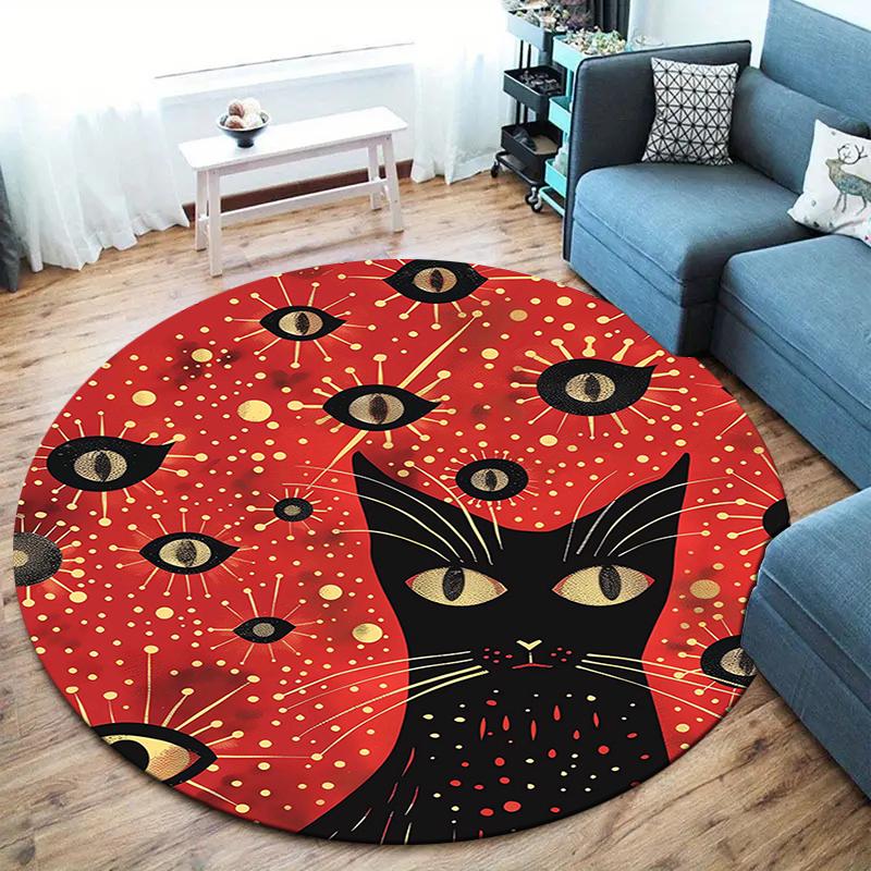 Cartoon Black Cat Round Area Rug,Carpet Rug for Living Room Bedroom Sofa Playroom Decor,Non-slip Floor Mat