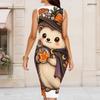 Women Plus Size Round Neck Sleeveless Halloween Sloth Printed Bodycon Midi Dress