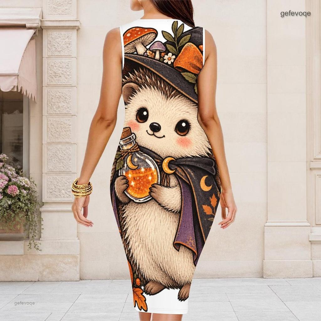 Women Plus Size Round Neck Sleeveless Halloween Sloth Printed Bodycon Midi Dress
