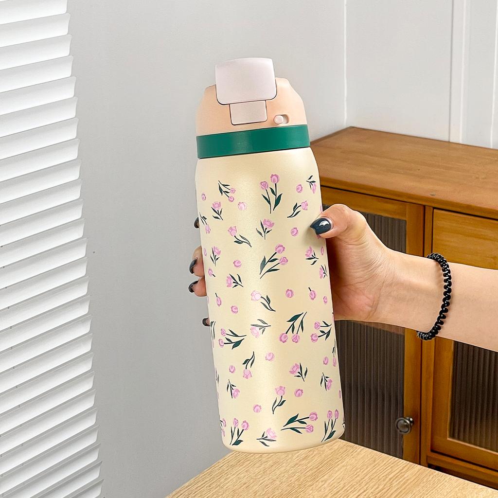 34oz Stylish Stainless Steel Water Bottle - Trendy Floral Two-Tone Design, 24Hr Hot/Cold Insulated, Leakproof Sport Lid & Handle