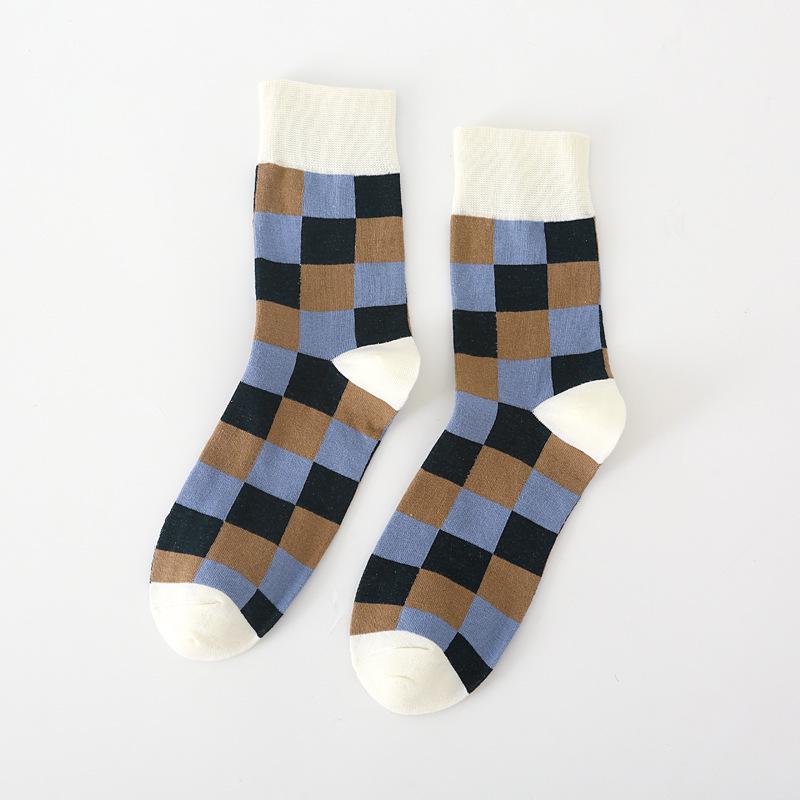 Men's Fashion Plaid Cotton Socks - Casual Business Autumn/Winter Style, British Trendy Mid-Calf, Colorful Design