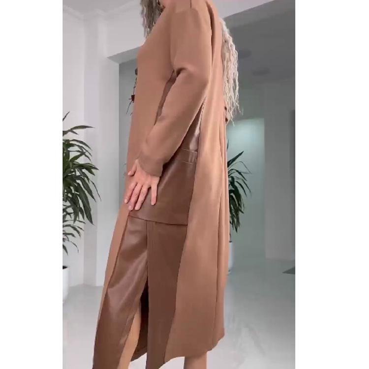 2024 Fall/Winter Women's Color Block Leather Spliced Plus Size Dress