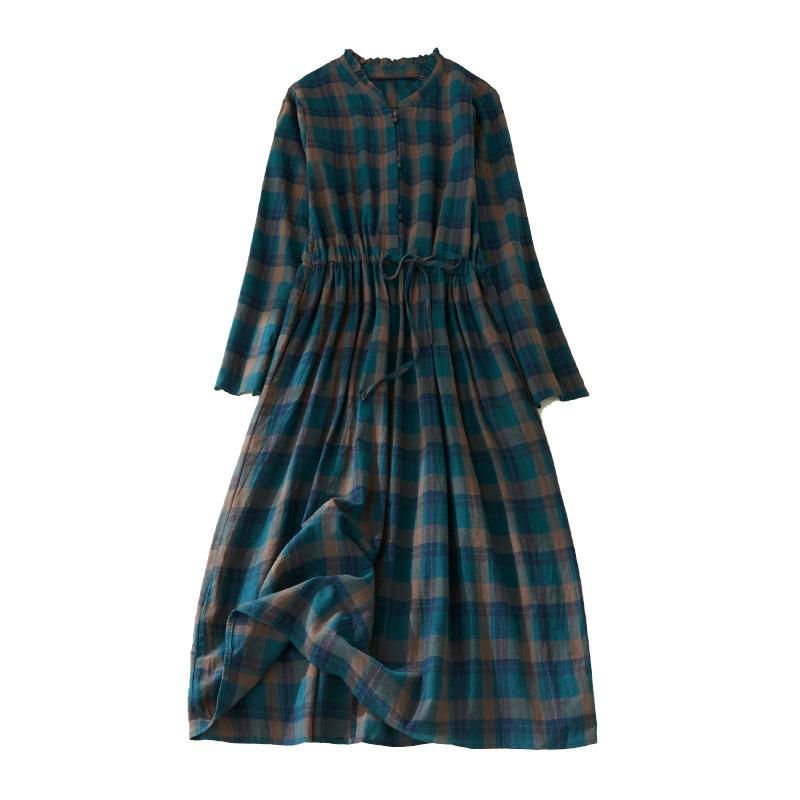 2025 autumn new large-size women's clothing retro waist thin lace-up medium and long plaid cotton and linen dress, women