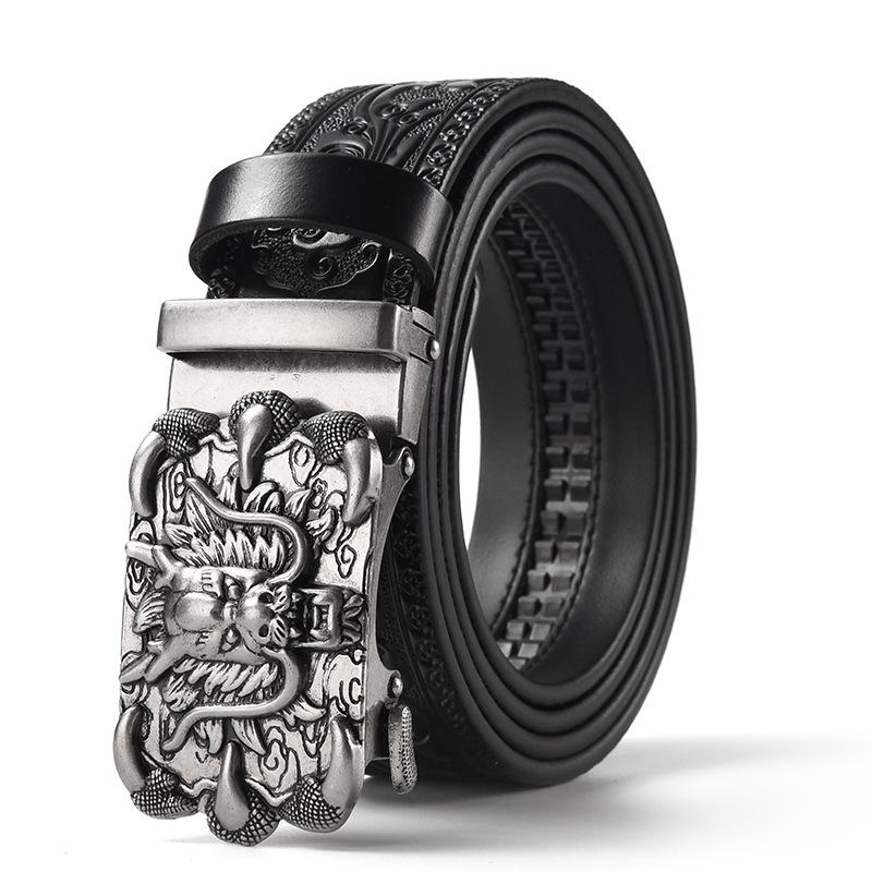 Men's Retro Dragon Head Genuine Leather Belt with Carved Embossed Design