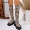 Fashion Chunky Platform Knee-High Boots Women Autumn Winter Fashion Elastic Socks Boots Thick Sole High Tube Long Botas Mujer Leopard