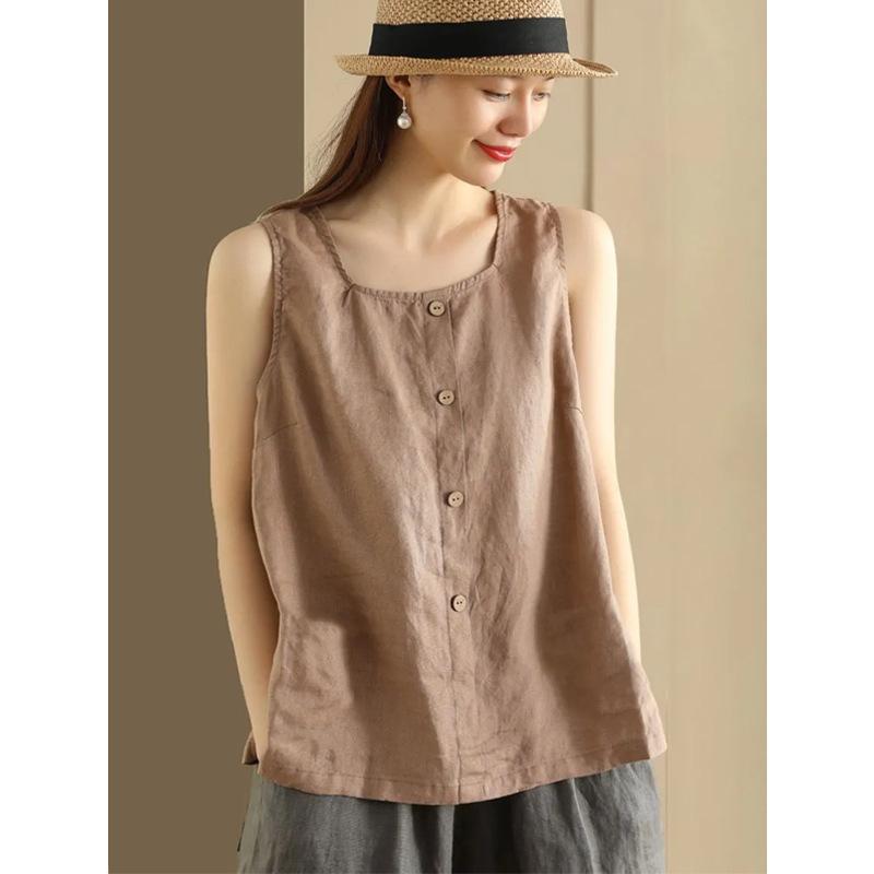 Women's Summer Cotton-Linen Sleeveless T-Shirt: Simple Button-Down Loose-Fit Tank Top, Solid Color, Breathable, Pullover Top