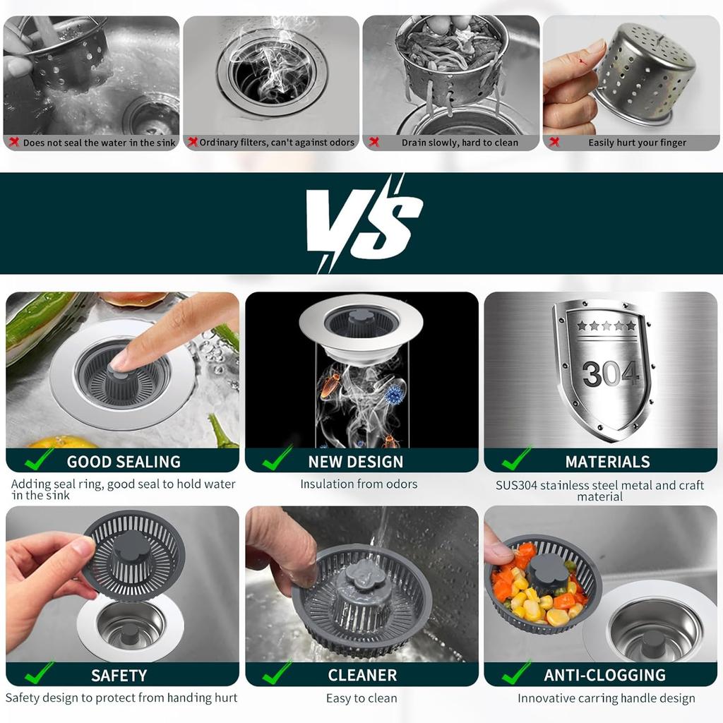 Upgraded 3 In 1 Kitchen Sink Drain Strainer - Stopper Set, Stainless Steel Kitchen Sink Stopper, Pop Up Anti-Clogging Sink Strainer Basket Filter for