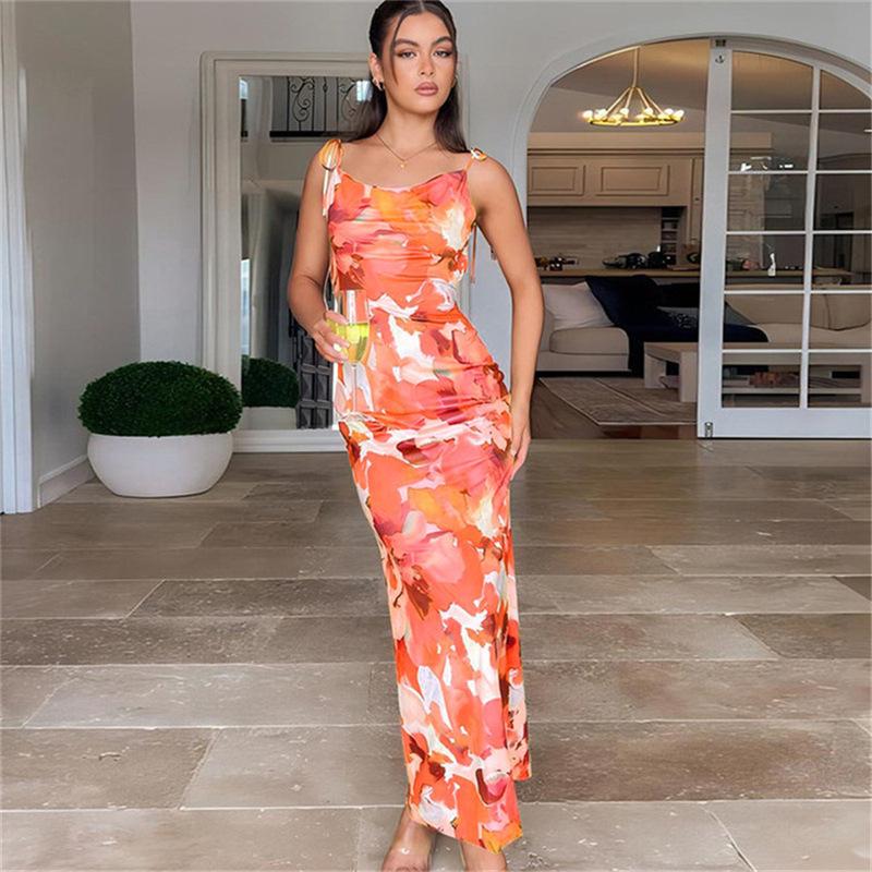 Fashion Floral Suspender Dress Sexy Open Back Split Lace Print Long Skirt High Waist Slim Summer Women's Dress