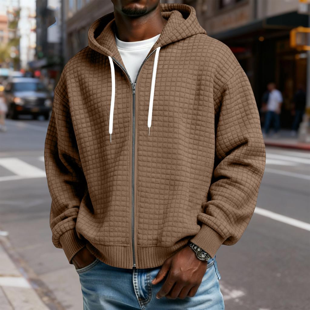 Men's Zip-Up Hooded Plaid Jacket- Drawstring Casual Sports Sweatshirt