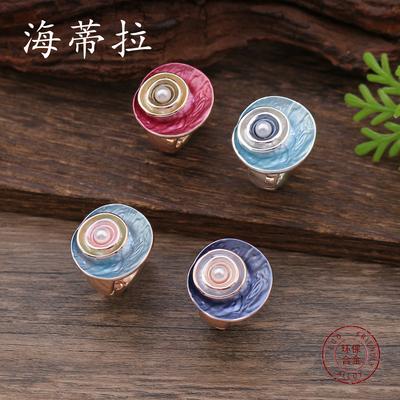 Enamel Round Flower Elastic Ring, Women's Fashion High-end Pearl Flower Ring