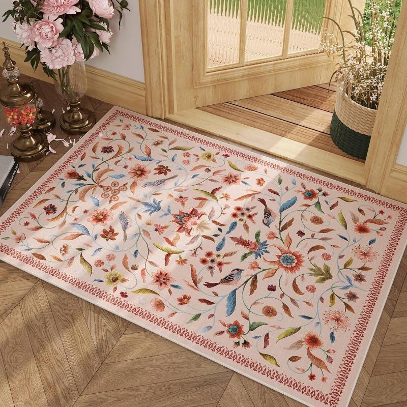 Retro Artistic Floral Bird Pattern Area Rug Boho Ethnic Style Entrance Doormat Bedroom Living Room Kitchen Decor Carpet