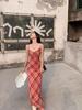 Mesh Yarn + Inner Double Layer, Temperament Plaid Suspender Skirt, Women's Seaside Vacation Style Red Waist Dress, Hip Skirt
