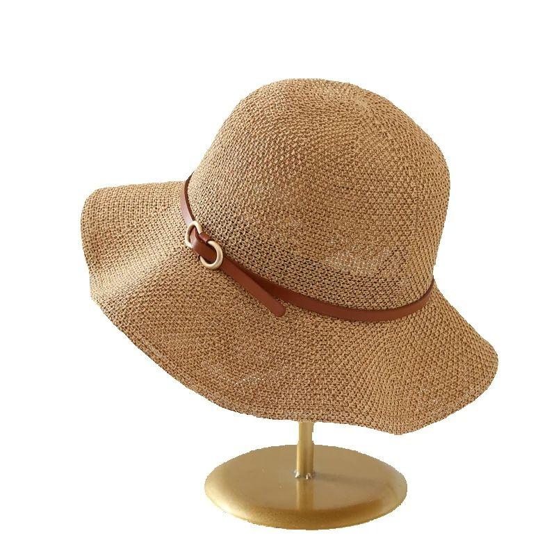 Women's Knitted Bucket Hat with Belt Windproof Versatile Sunhat for Spring Summer Autumn Fisherman Style