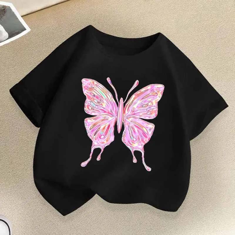 Beautiful Butterfly Print T Shirts For Girls Summer Children Casual Cute Colorful Tops Kids Comfortable Oneck Short Sleeve Tees