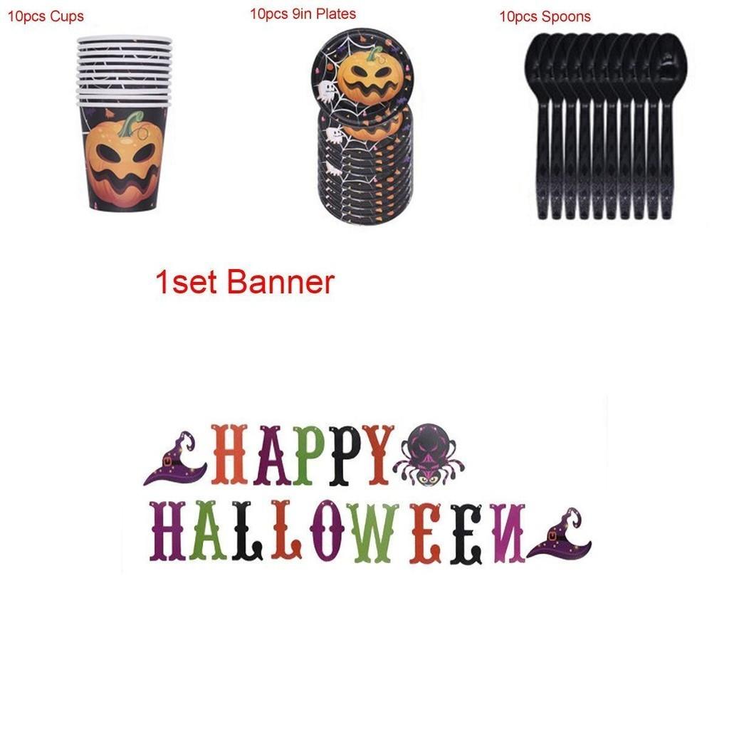Happy Halloween Party Decoration Supplies Pumpkin Tablecover Straws Paper Plates