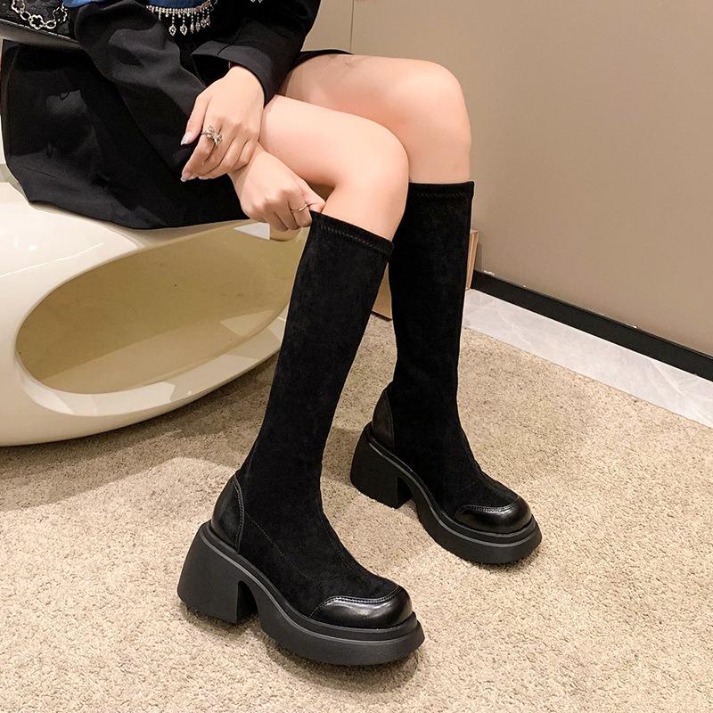 Thick-soled Boots Women's Spring and Autumn Boots Women's Knee-length Small Black Boots Elastic Thin Tall Fashion Boots