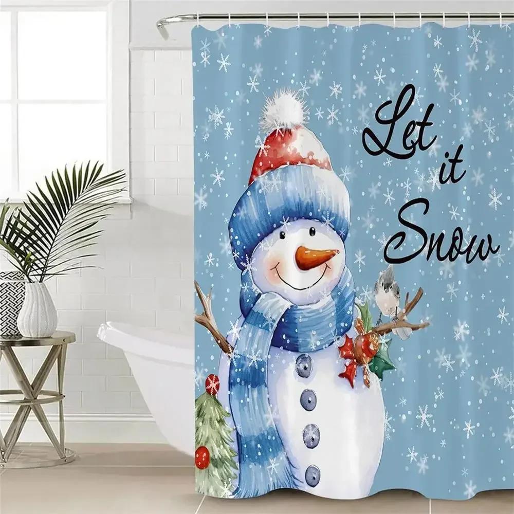 Merry Christmas Shower Curtain Cute Snowman Candy Cartoon Kids Bathroom Curtains Xmas Trees Snowflake Pink Home Decor With Hooks