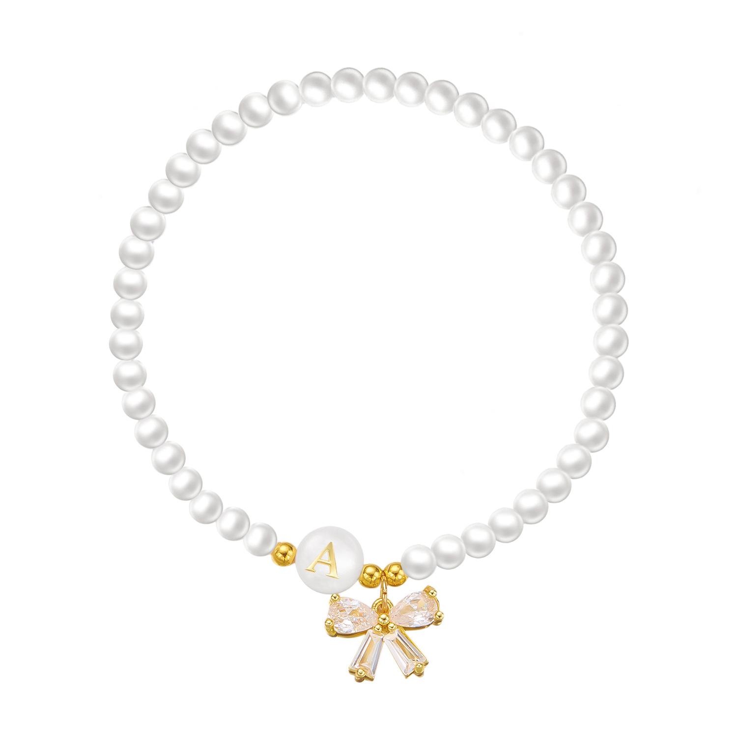 26 Letter Crystal Bow Imitation Pearl Elastic Bracelet Luxury Beaded Wristband