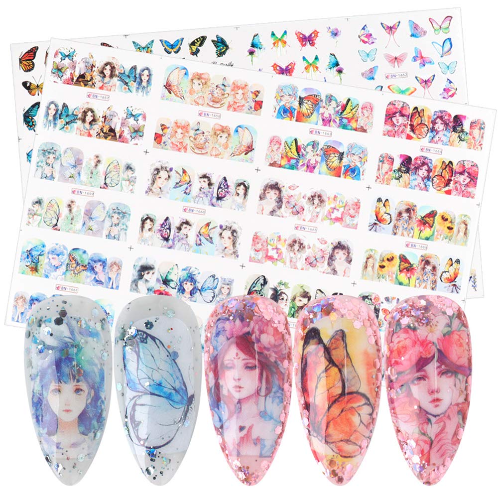 S.A.V.I 12 Sheets of DIY Nail Art Water Transfer Decals Japanese Girls Butterflies Nail Tattoo Stickers