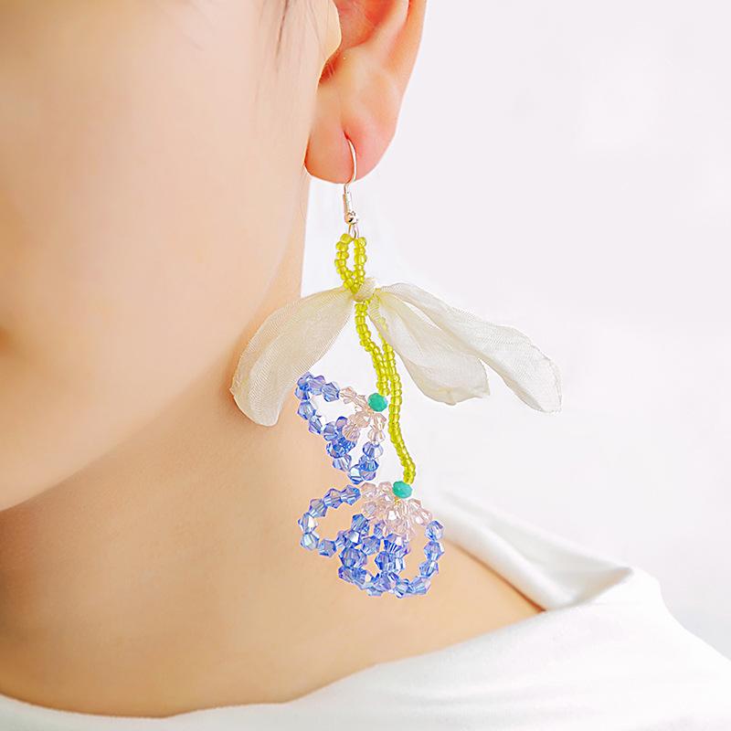 Summer Small Fresh Fabric Leaf Ear Hook, Sweet Little Fragrant Wind Earrings Crystal Fringed Lily Of The Valley Earrings