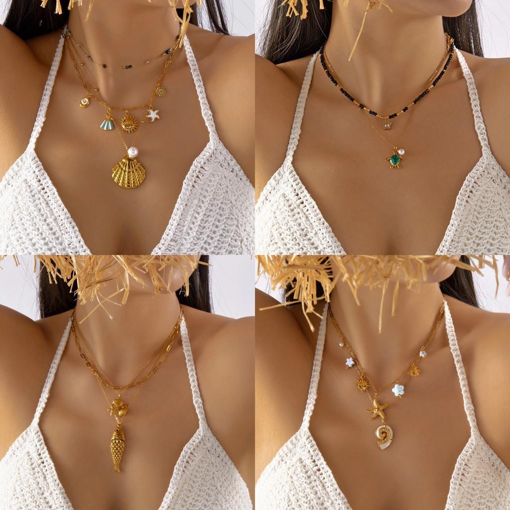 Ocean Style Stainless Steel Necklace With Shell Beads And Animal For Women And Men