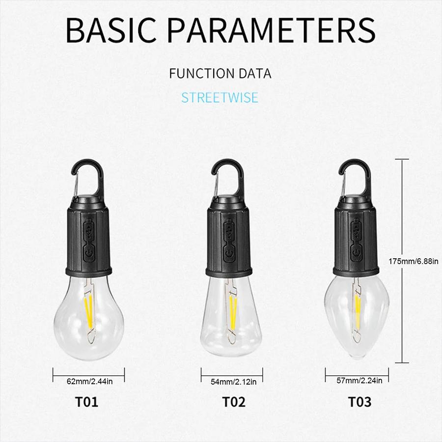 LED Camping Light Type-C USB Rechargeable Waterproof 400mAh 100LM Tent Light with Hook 3 Modes Outdoor Lighting