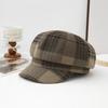 Big head circumference octagonal hat women's face small beret autumn and winter plaid newsboy hat brown cap