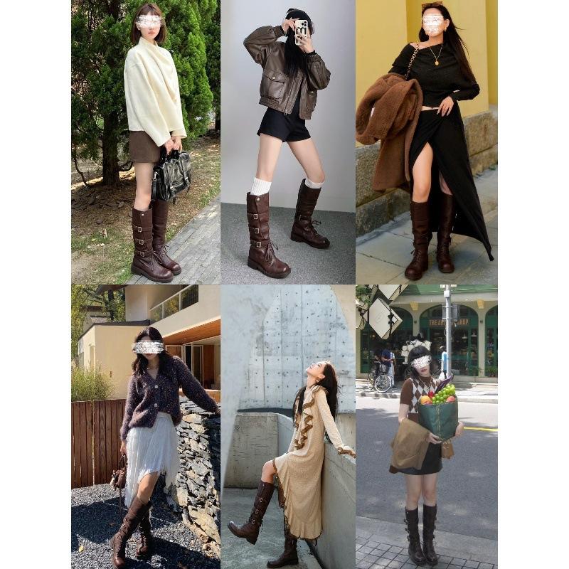Rindslederversion~ Retro braune Lokomotiv-Gürtelschnalle lange Stiefel Damen dicksohlig dickabsätzig großer Schaft um das Knie Ritterstiefel