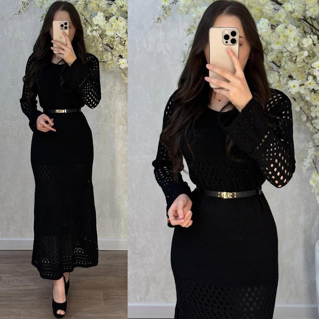 2025 Autumn Cross-border Fashion: Women's Belted Hollow-out Sweater & Gentle Style Hip-hugging Long Skirt