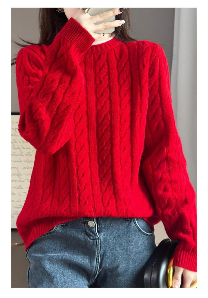 Women's Color-Block Pure Wool Sweater, Cable Knit, Thickened, Loose Fit, Slimming Pullover