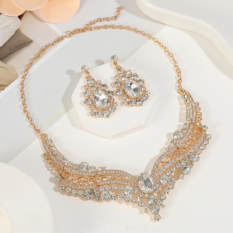 Women Crystal Necklace Earrings Indian Bridal Jewelry Sets Brides Wedding Party Costume Accessories
