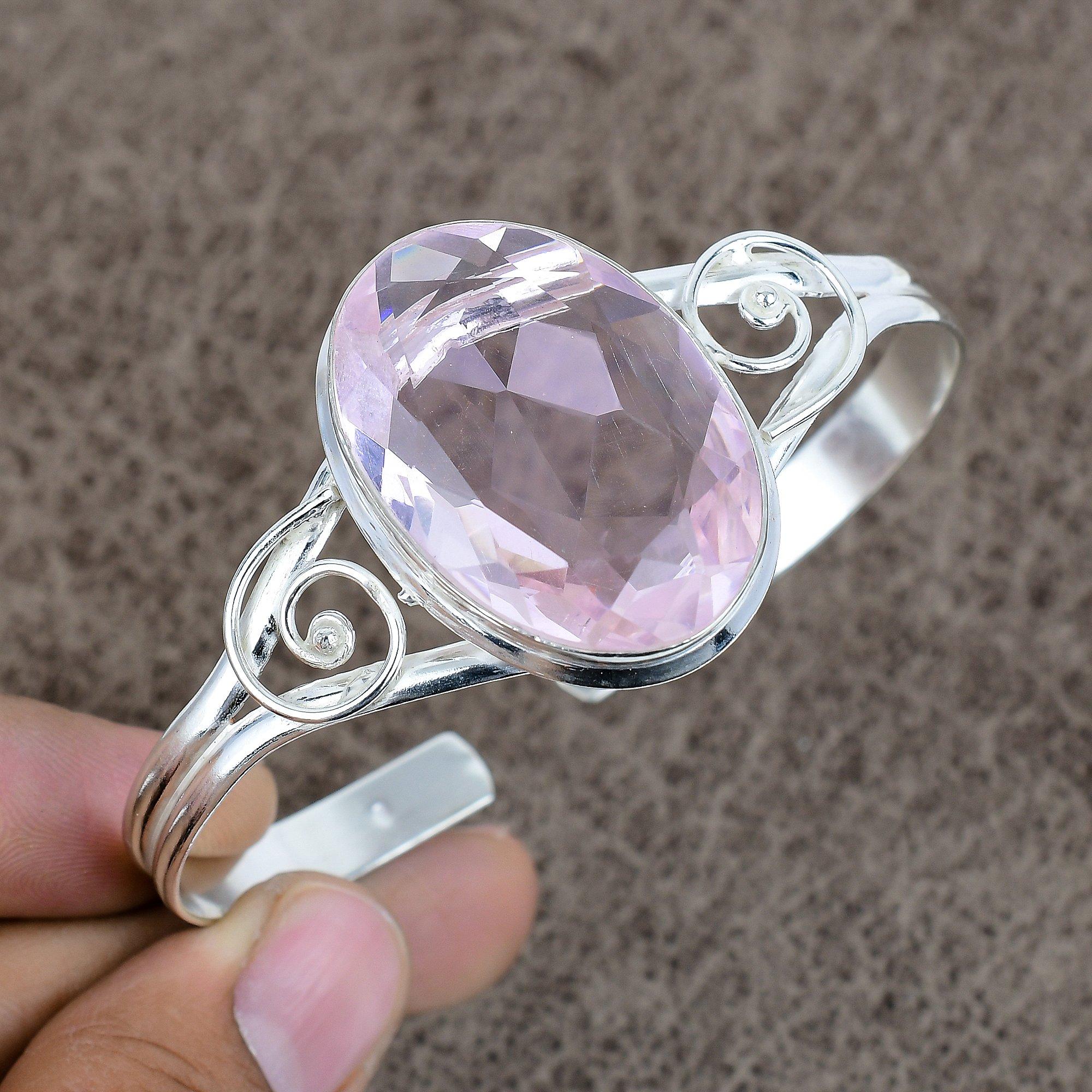 

Pink Kunzite Gemstone Handmade 925 Sterling Silver Cuff Bangle Adjustable KKG-236