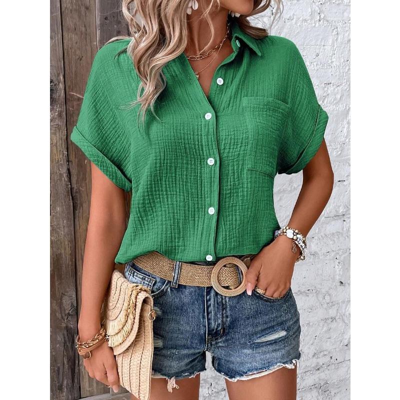 

VEZFAA Жіночі Модні Повсякденні Літні Весняні Однотонні Блузки та Сорочки з Коротким Рукавом та Комірцем ПОЛО XXL темно-зелений колір